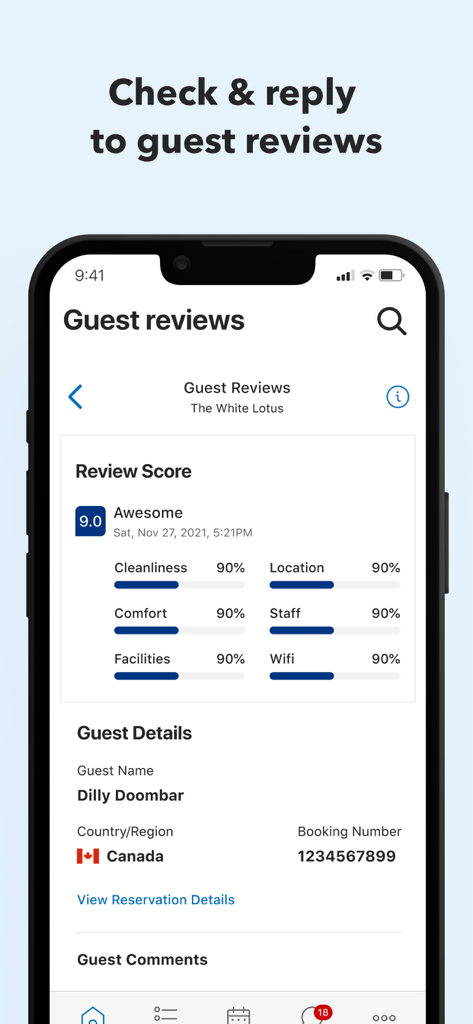 Pulse app screen showing property guest reviews and breakdown scores