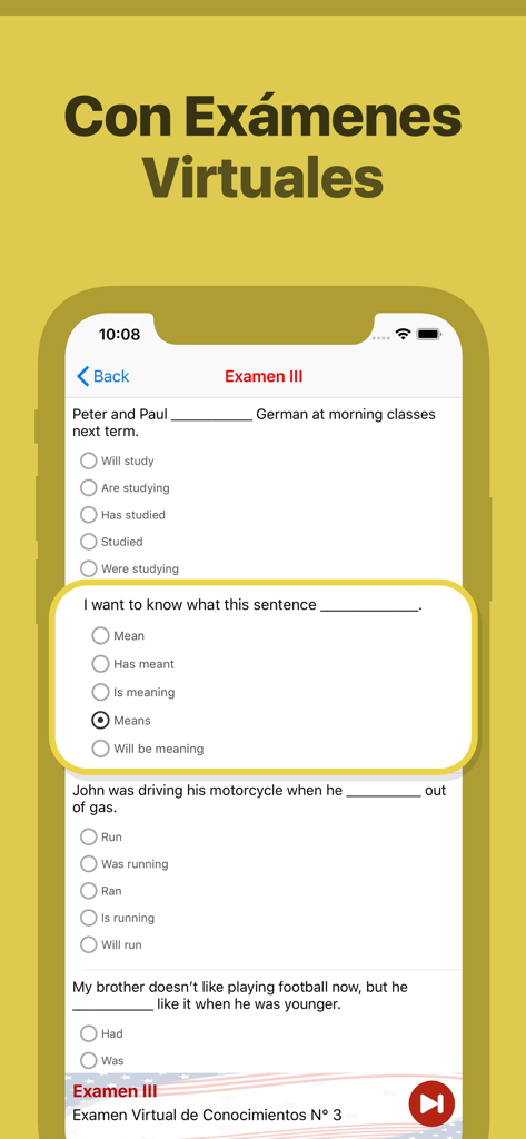 Virtual English grammar exam screen with multiple choice questions