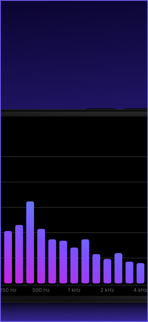 Decibel dB Sound Meter Ultra - Un grafico dell'analizzatore di spettro di frequenza che mostra l'intensità del suono attraverso diverse bande di frequenza