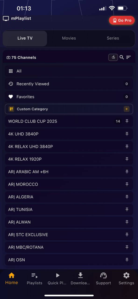 Interfaz de GSE IPTV Player Smarters Pro mostrando categorías de TV en vivo y listas de canales internacionales, incluyendo deportes y contenido 4K.