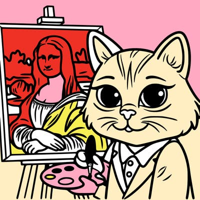 cat with paintbrush drawing the mona lisa