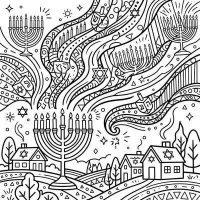 Immerse yourself in a festive Hanukkah scene featuring a dynamic Pop Art Aurora. This unique coloring page blends traditional symbols like menorahs and dreidels with a vibrant, swirling sky.