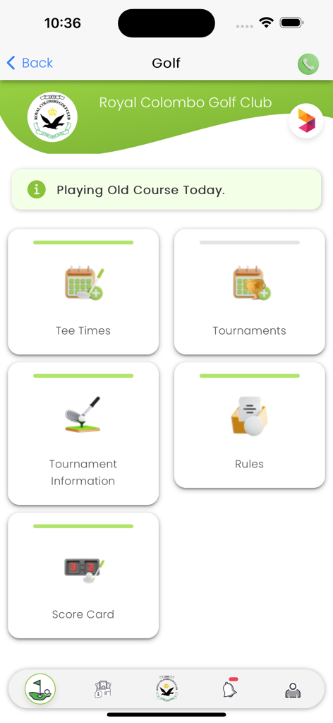 Royal Colombo Golf Club - Royal Colombo Golf Club app interface showing menu options for tee times tournaments and digital scorecards