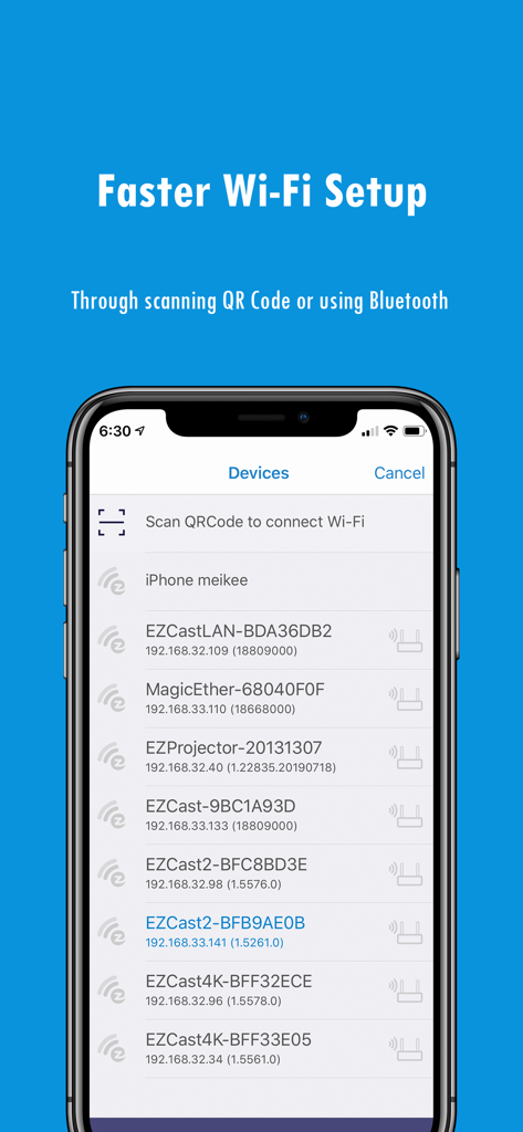 EZCast app screen displaying a list of available devices for fast Wi-Fi setup using QR code or Bluetooth.