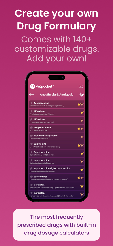 Vetpocket - Vet Calc & Drugs - Mobile app interface of Vetpocket showing a customizable veterinary drug formulary for anesthesia and analgesia drugs