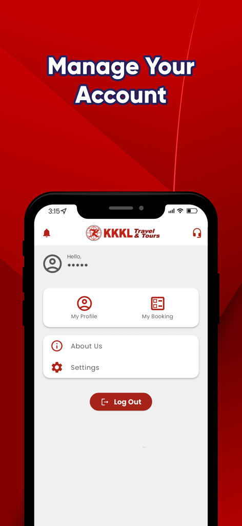 KKKL Travel and Tour - Account management screen of the KKKL Travel and Tour app showing profile and booking settings