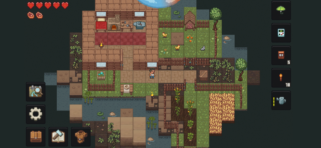 A top-down view of a pixel art base with farming and crafting areas in PixelTerra