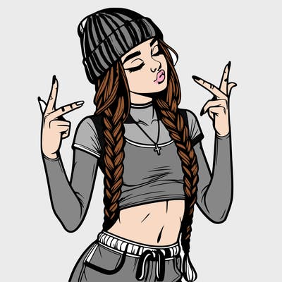 realistic teenage girl with braids and a beanie and crop top doing 🫶🏼