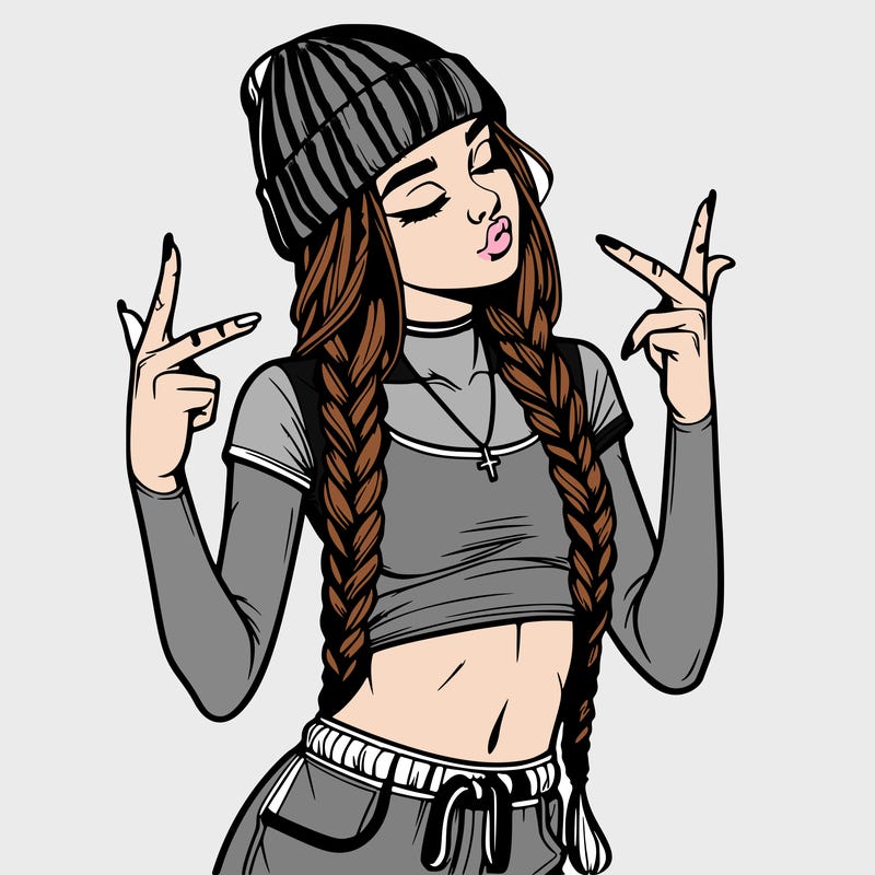 realistic teenage girl with braids and a beanie and crop top doing 🫶🏼