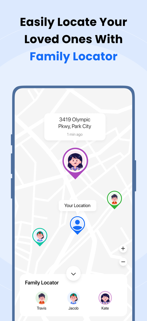 FamilyTime app interface showing a real-time GPS map with family member locations