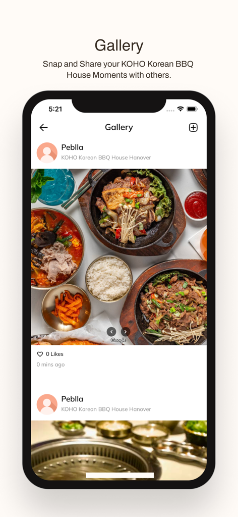 KOHO Korean BBQ House - KOHO Korean BBQ Houseアプリのギャラリー画面。ユーザーが共有した韓国料理の写真を表示