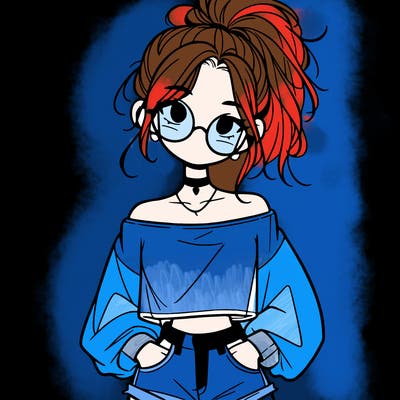 girl with a messy ponytail glasses a baggy crop top and jean shorts