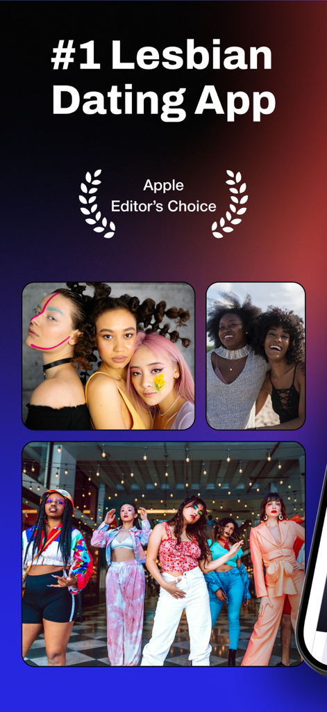 HER:Lesbian&Queer LGBTQ Dating - Schermata promozionale per l'app di incontri HER che mostra il testo 'la migliore app di incontri lesbici' e immagini di donne queer e persone non binarie diverse