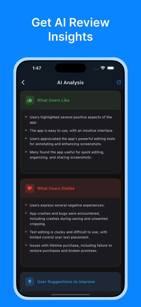 AppSpy: Ranking & App Tracker - Captura de tela do recurso de Análise de IA do AppSpy mostrando feedback categorizado do usuário como curtidas, descurtidas e sugestões de melhoria.