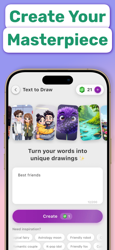 NumColor AI - Coloring Games - Interface do aplicativo NumColor AI mostrando o recurso de texto para desenhar onde os usuários podem inserir palavras para gerar desenhos únicos.