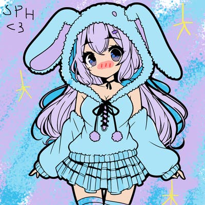 pretty anime girl wearing a fluffy hoodie with bunny ears on the hood and a skirt