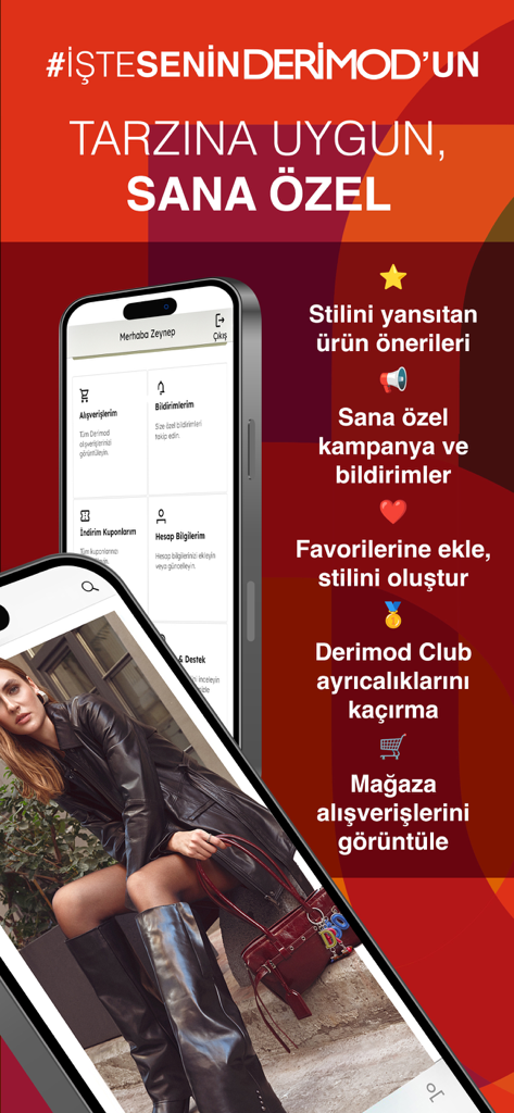 Affichage de l'application Derimod montrant les options du profil utilisateur et un mannequin en veste et bottes en cuir.