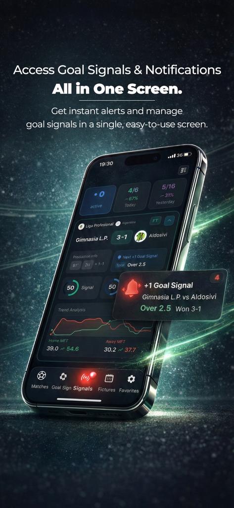 Shutli - Live Match Analysis - Shutli mobile app interface displaying live football goal signals and real time match analytics on a smartphone