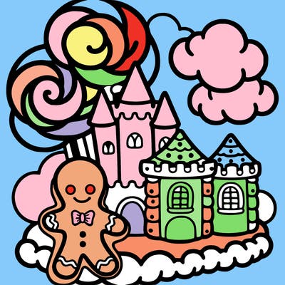 candy land with a ginger bread man and a big palace on a cotton candy cloud
