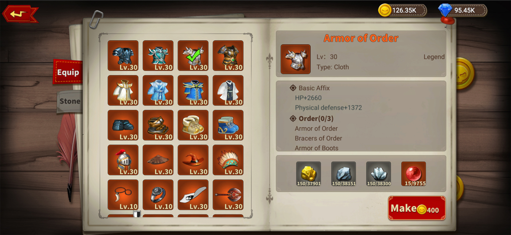 Mushroom Knight - Mushroom Knight equipment crafting interface showing legendary armor sets and required materials