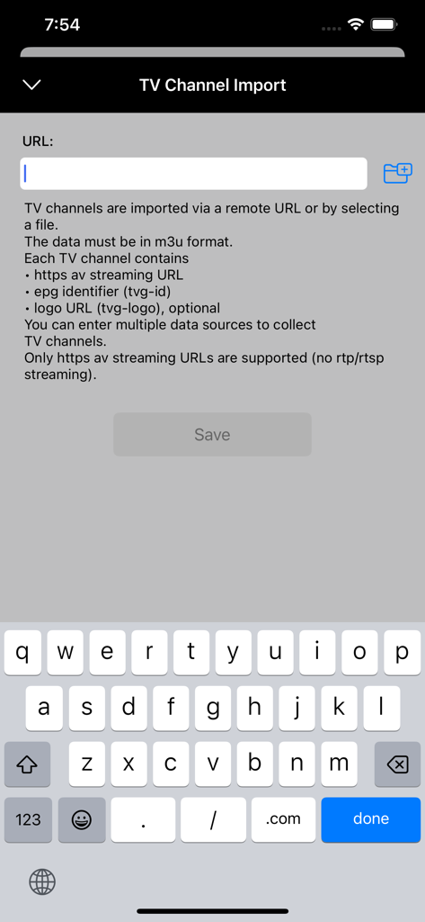 TV Set - TV Channel Import screen in the TV Set app for adding m3u playlists