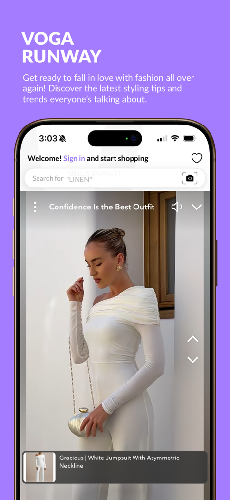A screenshot of the VogaCloset app showing the Voga Runway feature with a fashion video of a woman in a white jumpsuit