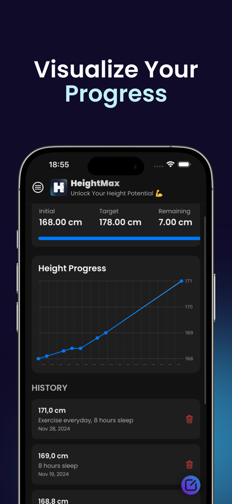 HeightMax app dashboard displaying a line chart of height progress and a history of measurements