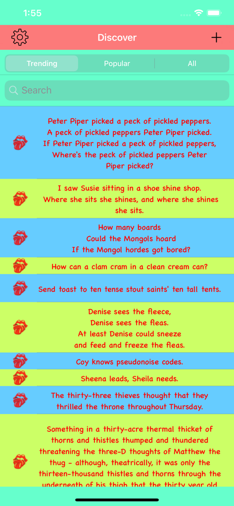 Video Tongue Twister - Pantalla de descubrimiento de la aplicación Trabalenguas en Video que muestra una lista de trabalenguas populares y de tendencia en inglés.