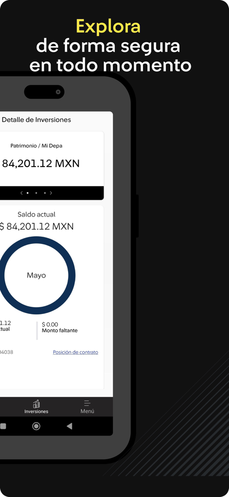 Mis Beneficios. - Pantalla de la app Mis Beneficios que muestra los detalles de inversión y el saldo actual en pesos mexicanos