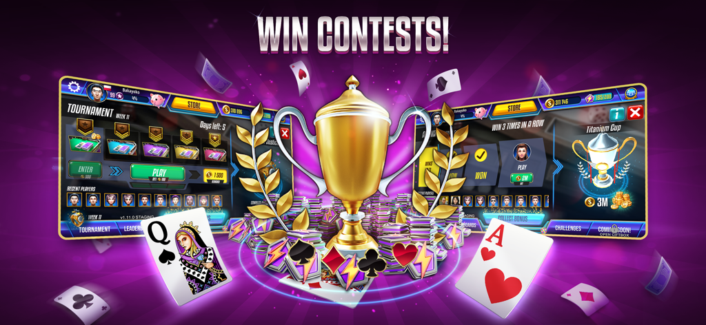 Pantalla de torneo de Gin Rummy Legends mostrando un trofeo dorado con el titular Gana Concursos