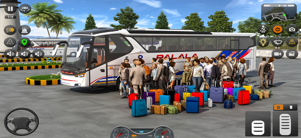 A white passenger bus with a crowd of people and colorful luggage at a bus terminal in a city simulation game