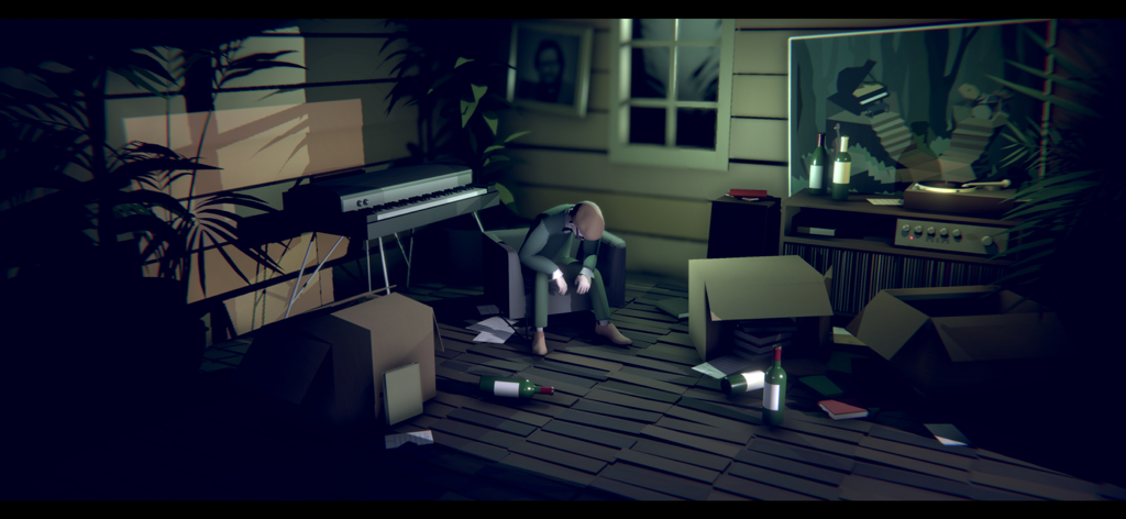 The Forest Quartet - A man sitting dejectedly in a cluttered room with a piano and boxes