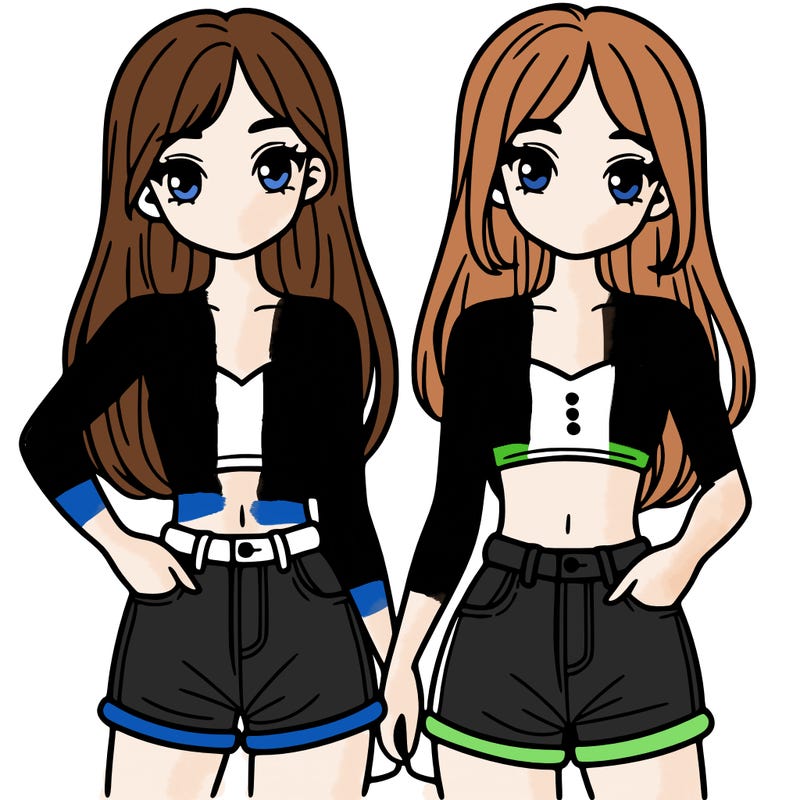 two sisters with crop tops and jean shorts and straight hair
