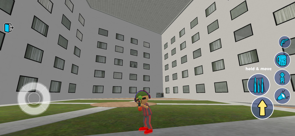 A character holding a weapon in a building courtyard within the Grand City Auto Sandbox game