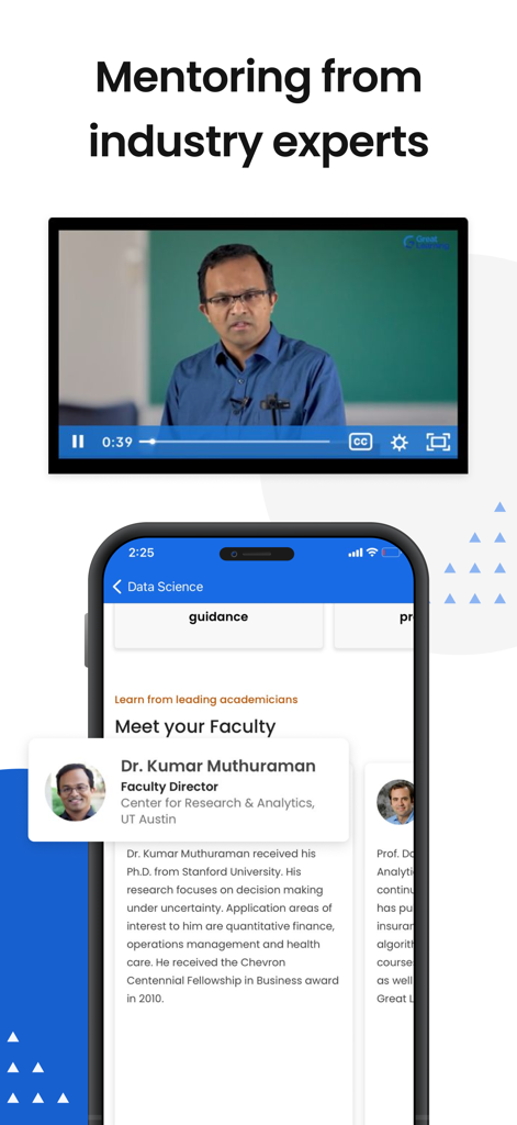 Interfaz de la aplicación Great Learning que muestra sesiones de mentoría de profesores universitarios y expertos de la industria