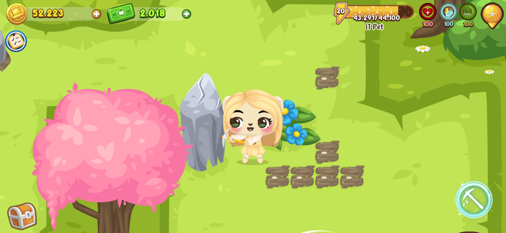 Happy Pet Island - A cute blonde character mining a grey rock with a pickaxe in a green field on Happy Pet Island