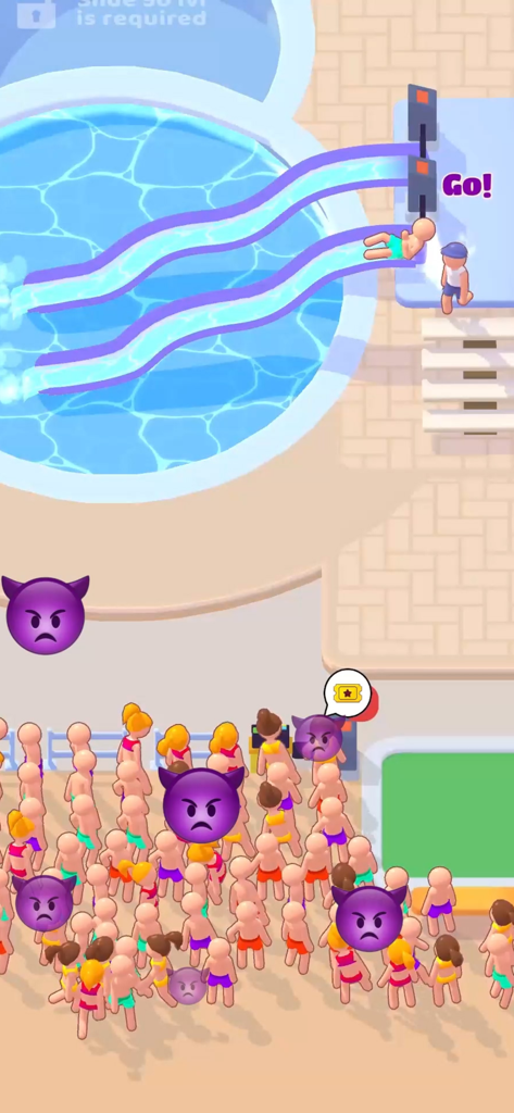 My Aquapark: Idle Water Empire - Angry guests waiting in a long line at a water park entrance