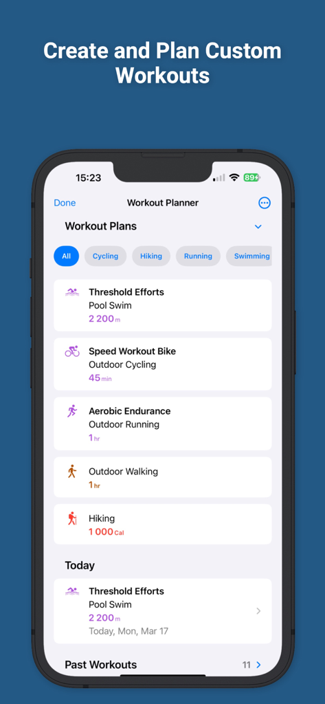 HealthFit - HealthFit app workout planner showing custom training plans for swimming cycling and running