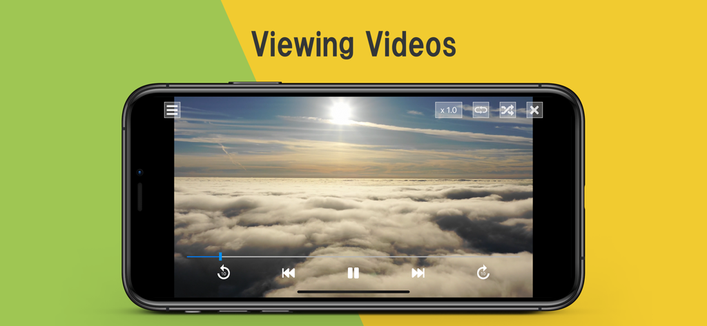 Easy zip - Manage zip/rar file - Écran d'iPhone montrant le lecteur vidéo de l'application Easy zip en train de lire une vidéo de nuages à l'horizon