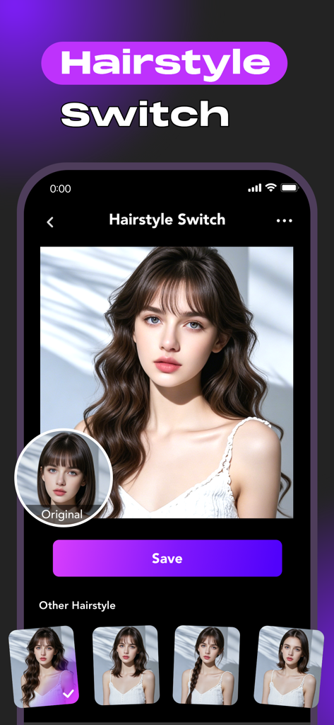 AI ReFace: Face Swap & AI Art - AI ReFace app hairstyle switch feature showing a woman trying on different digital hair styles