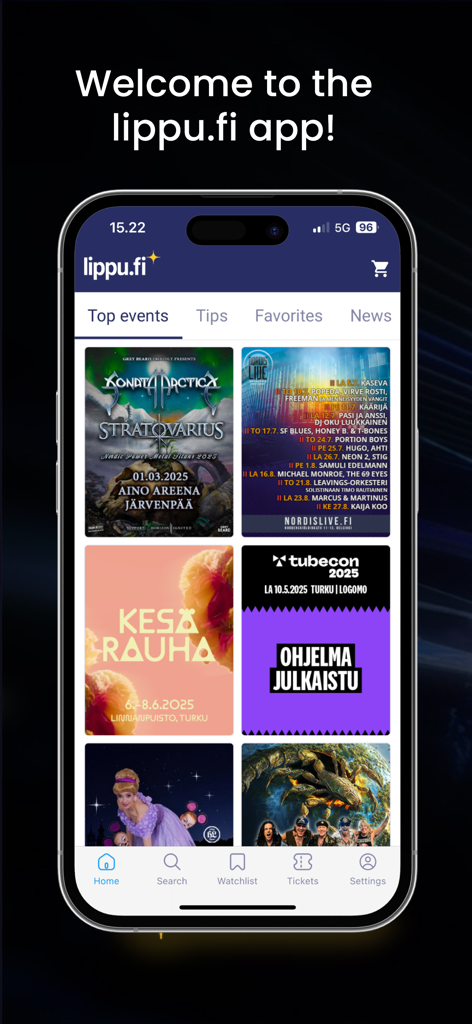 lippu.fi - The home screen of the lippu.fi mobile app displaying top events and concerts in Finland