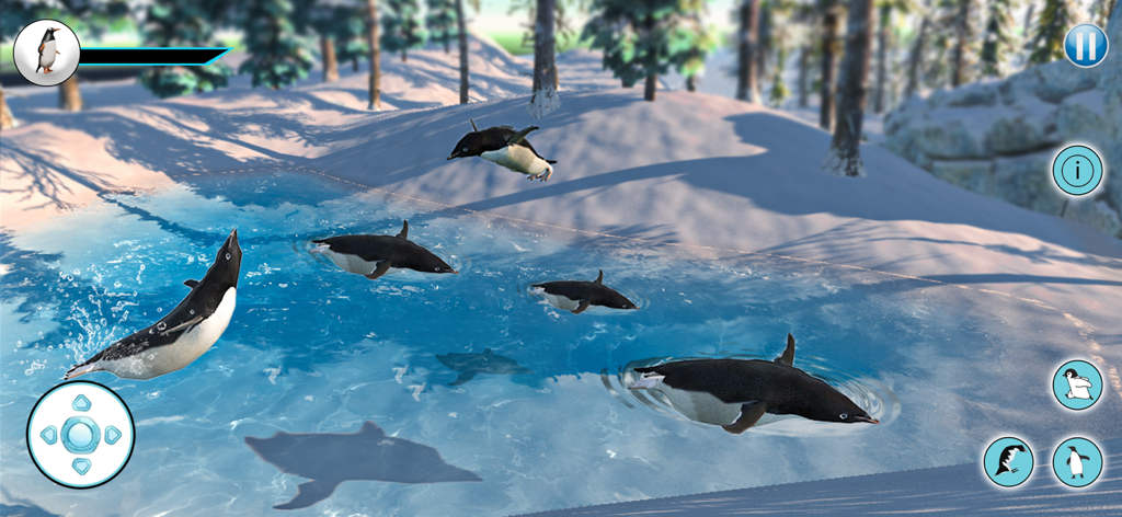 Penguin Family Life Simulator - Penguins jumping and swimming in a snowy Arctic landscape from Penguin Family Life Simulator.