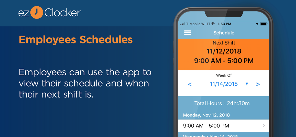 ezClocker: Employee Time Track - The ezClocker app interface showing employee work schedules and next shift details