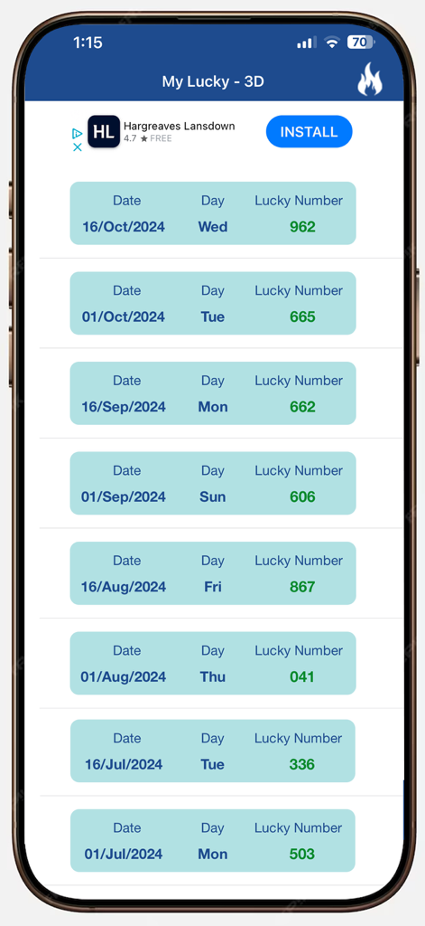 My Lucky 2D 3D - Eine Liste vergangener 3D-Glückszahlen mit entsprechenden Daten und Tagen in der My Lucky App