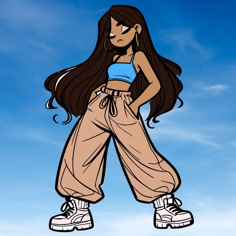 girl in baggy pants crop top and long hair