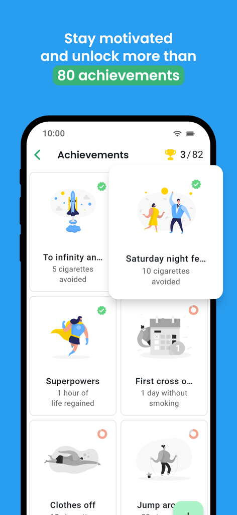 The achievements screen of the QuitNow app displaying milestone cards for cigarettes avoided and life regained