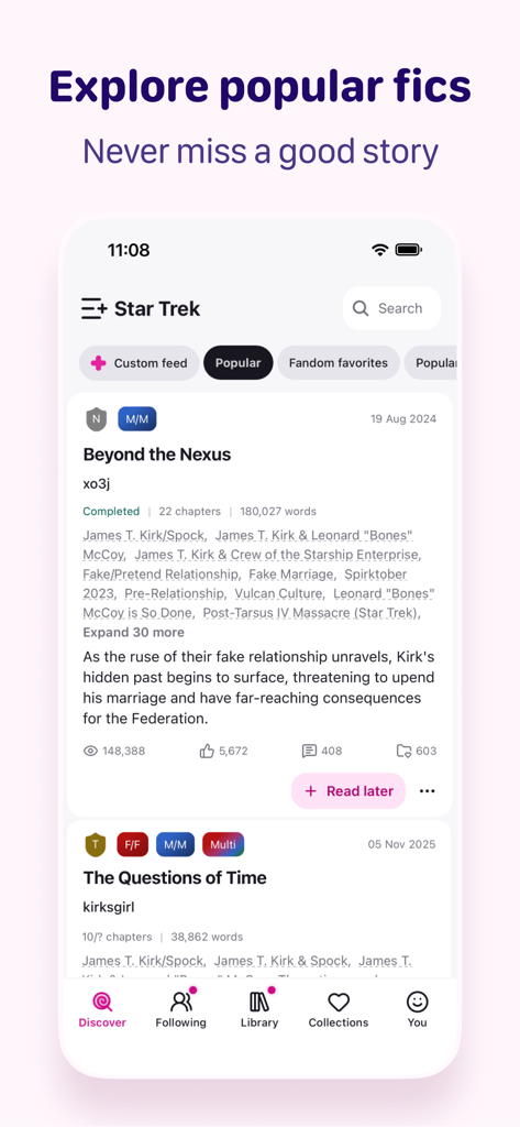 Fictivity: AO3 Unofficial - Fictivity app interface showing a popular fanfiction feed for Star Trek with story summaries and tags