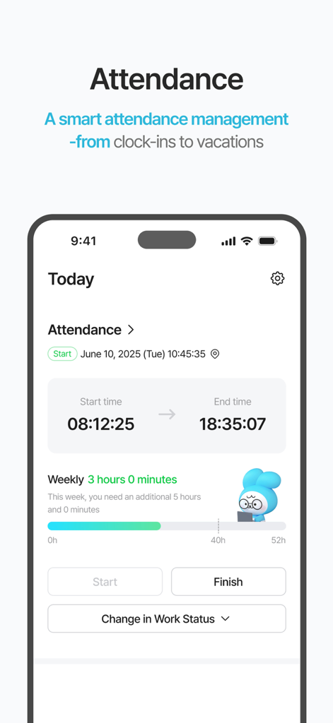 다우오피스 4.0 - 出勤・退勤時刻を表示するDaouOffice 4.0アプリの勤怠管理画面