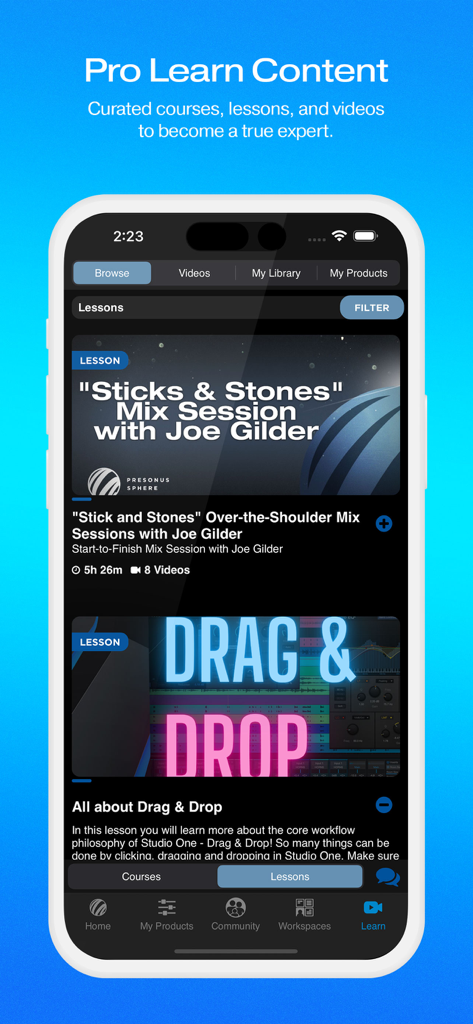 MyPreSonus - 音楽制作レッスンやエキスパートコースのキュレーションリストを表示するMyPreSonusアプリ画面