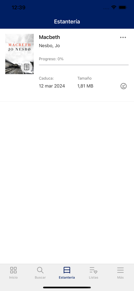 eBiblio DaCoruna - Interfaz de estantería digital en la app eBiblio DaCoruna mostrando el libro Macbeth de Jo Nesbo